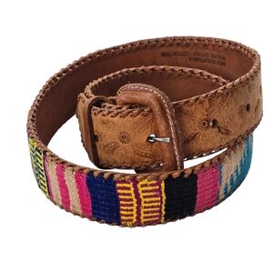 Vintage Guatemalan Handmade Leather & Woven Textile Belt Tan Multicolor Size 30